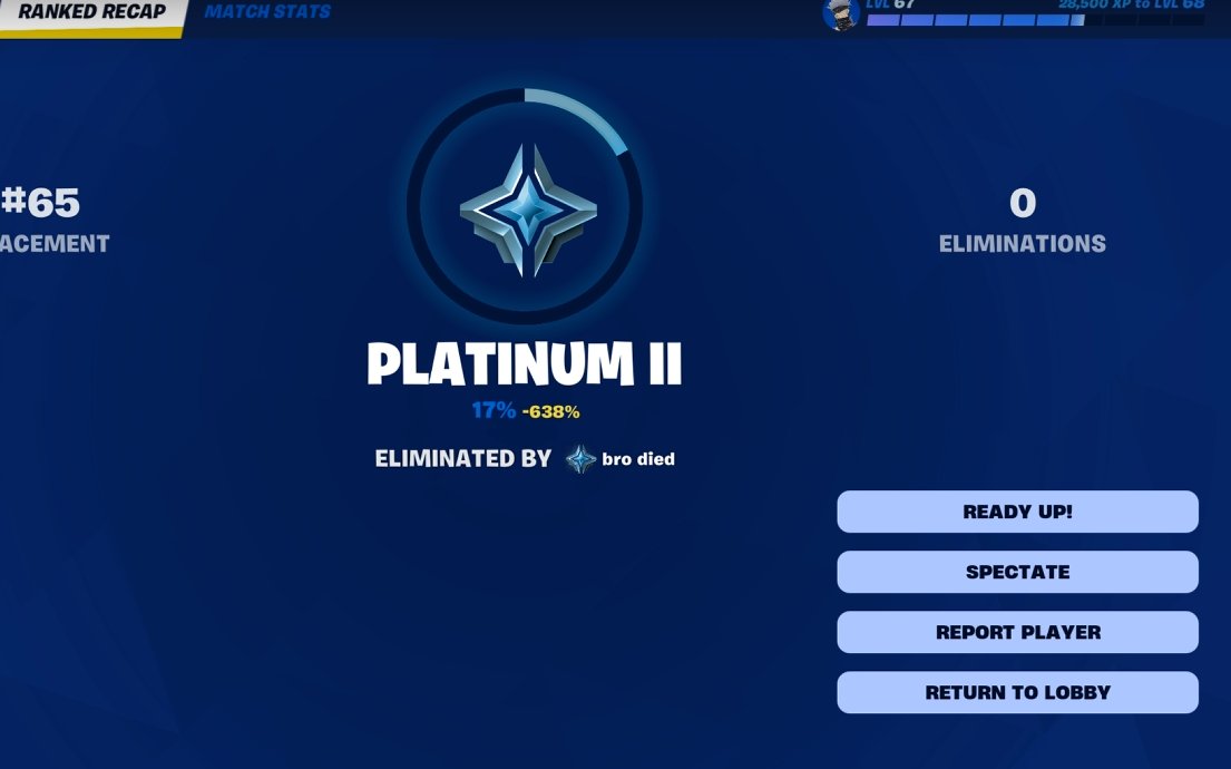 Amazingbruh's tweet photo. @FortniteGame @FNCompetitive WHAT IS THIS? HOW TF DO I GO DOWN FROM CHAMP TO PLAT IN 1 GAME ON MY FIRST GAME ON Like what is this? https://t.co/CSVuNXf36e