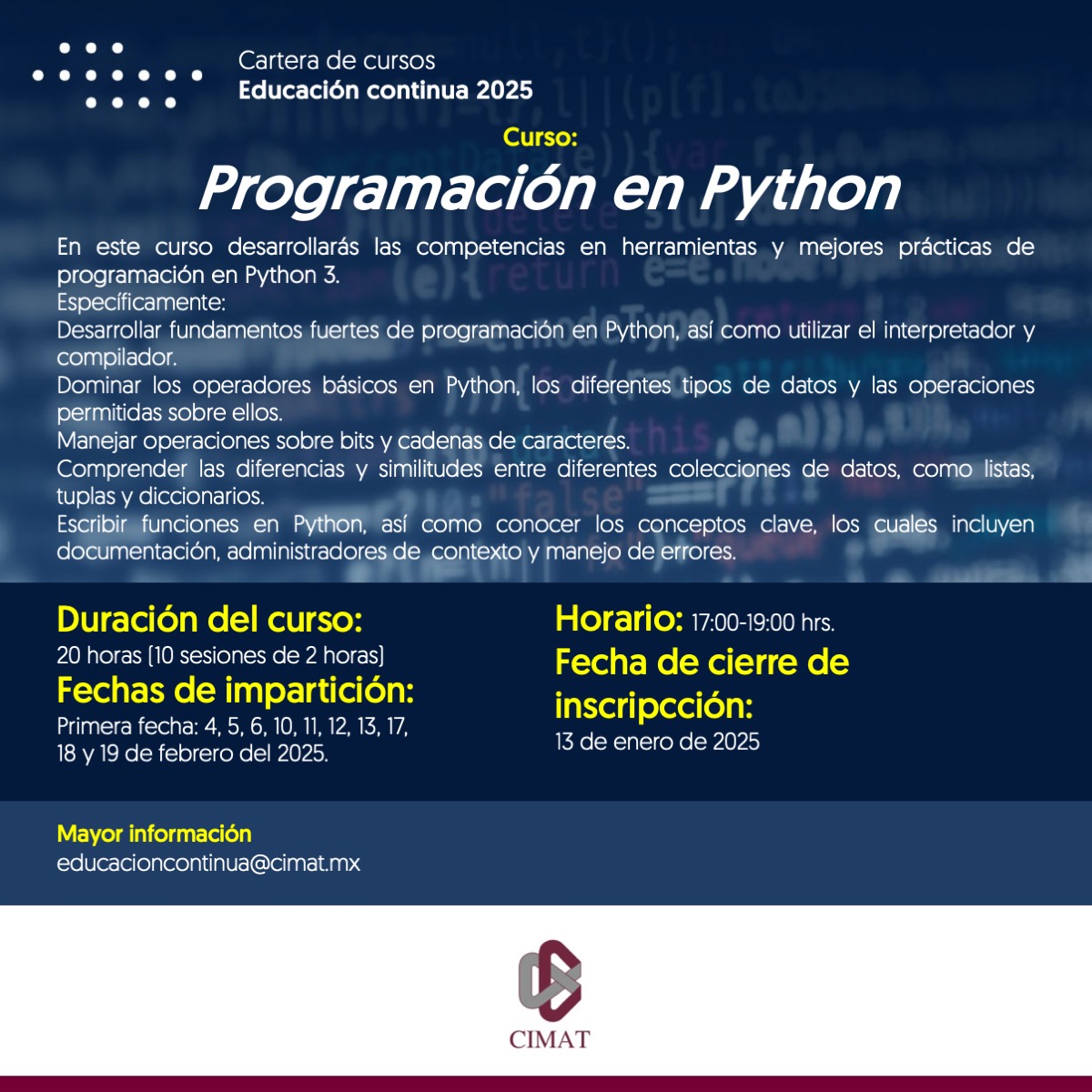 cimatoficial's tweet photo. ¡Aprende a programar en Python! 

¿Quieres dominar uno de los lenguajes de programación más versátiles y demandados? 🌟 Inscríbete en nuestro curso de Programación en Python, parte de la cartelera de cursos de Educación Continua 2025 del CIMAT. https://t.co/KPtyTO0bkp