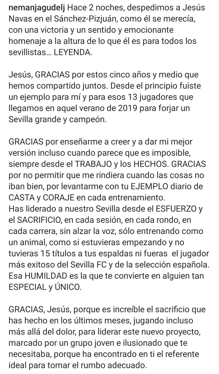 ElAbueloSFC's tweet photo. Impresionante texto de despedida de Gudelj a Jesús Navas🥹🥹🎩 https://t.co/ZlM9jjKKYh