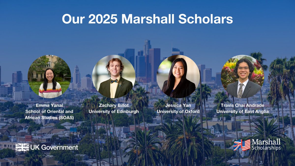 UK Consulate in LA (@ukinla) on Twitter photo 🎉The British Consulate-General Los Angeles is thrilled to announce our 4 regional winners of the prestigious Marshall Scholarship! 🇬🇧 Congratulations to our brilliant 2025 Scholars: Emma Yanai, Zachary Billot, Jessica Yan, and Travis Chai Andrade <a href="/MarshallScholar/">Marshall Scholars</a> <a href="/UKinUSA/">British Embassy Washington</a> 🎉The British Consulate-General Los Angeles is thrilled to announce our 4 regional winners of the prestigious Marshall Scholarship! 🇬🇧 Congratulations to our brilliant 2025 Scholars: Emma Yanai, Zachary Billot, Jessica Yan, and Travis Chai Andrade <a href="/MarshallScholar/">Marshall Scholars</a> <a href="/UKinUSA/">British Embassy Washington</a>