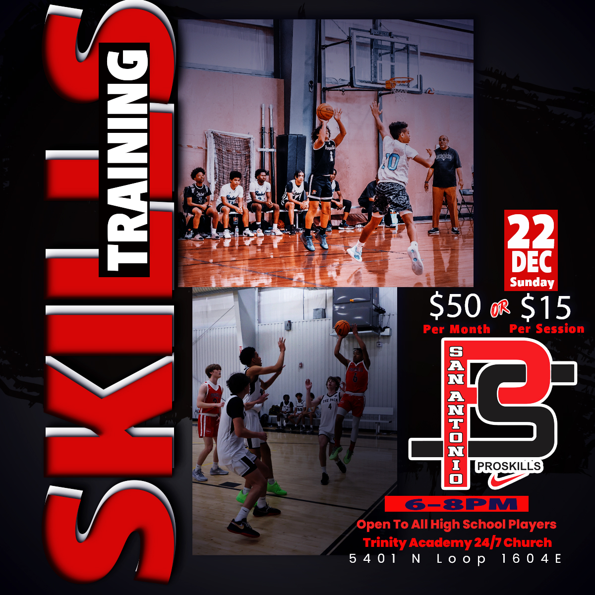 📢 ProSkills San Antonio High School Skills Lab 🏀

Looking to sharpen your skills during the season? Join us for our Sunday night Skills Lab designed specifically for high school players! 💪

🏀 What to Expect:

No-contact skills training
Focus on refining your game
Perfect for