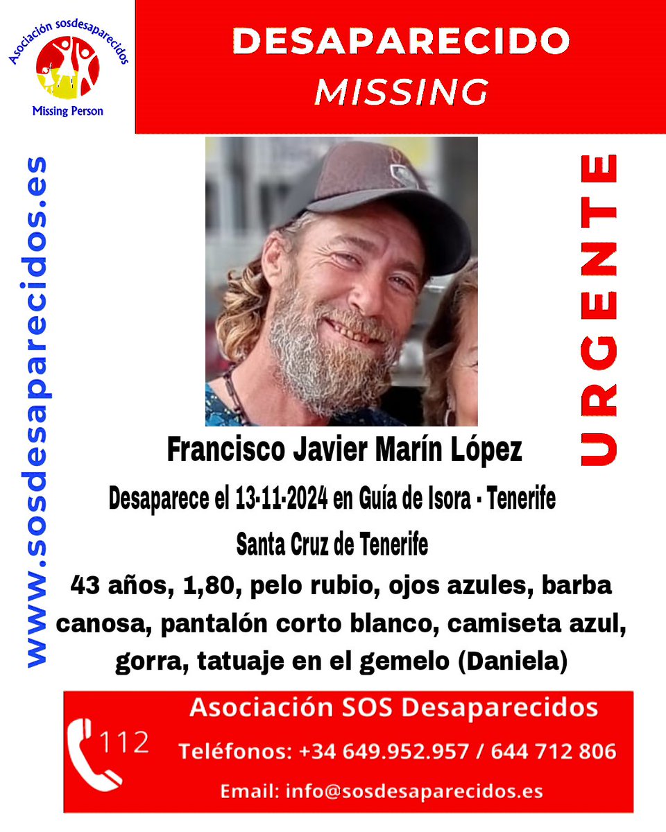 ALERTA DESAPARECIDOS (@sosdesaparecido) on Twitter photo 🆘 DESAPARECIDO
🟠 Persona Vulnerable
#sosdesaparecidos #Desaparecido #Missing #España #Tenerife #GuíadeIsora #SantaCruzdeTenerife
Fuente: sosdesaparecidos
Síguenos <a href="/sosdesaparecido/">ALERTA DESAPARECIDOS</a> 🆘 DESAPARECIDO
🟠 Persona Vulnerable
#sosdesaparecidos #Desaparecido #Missing #España #Tenerife #GuíadeIsora #SantaCruzdeTenerife
Fuente: sosdesaparecidos
Síguenos <a href="/sosdesaparecido/">ALERTA DESAPARECIDOS</a>