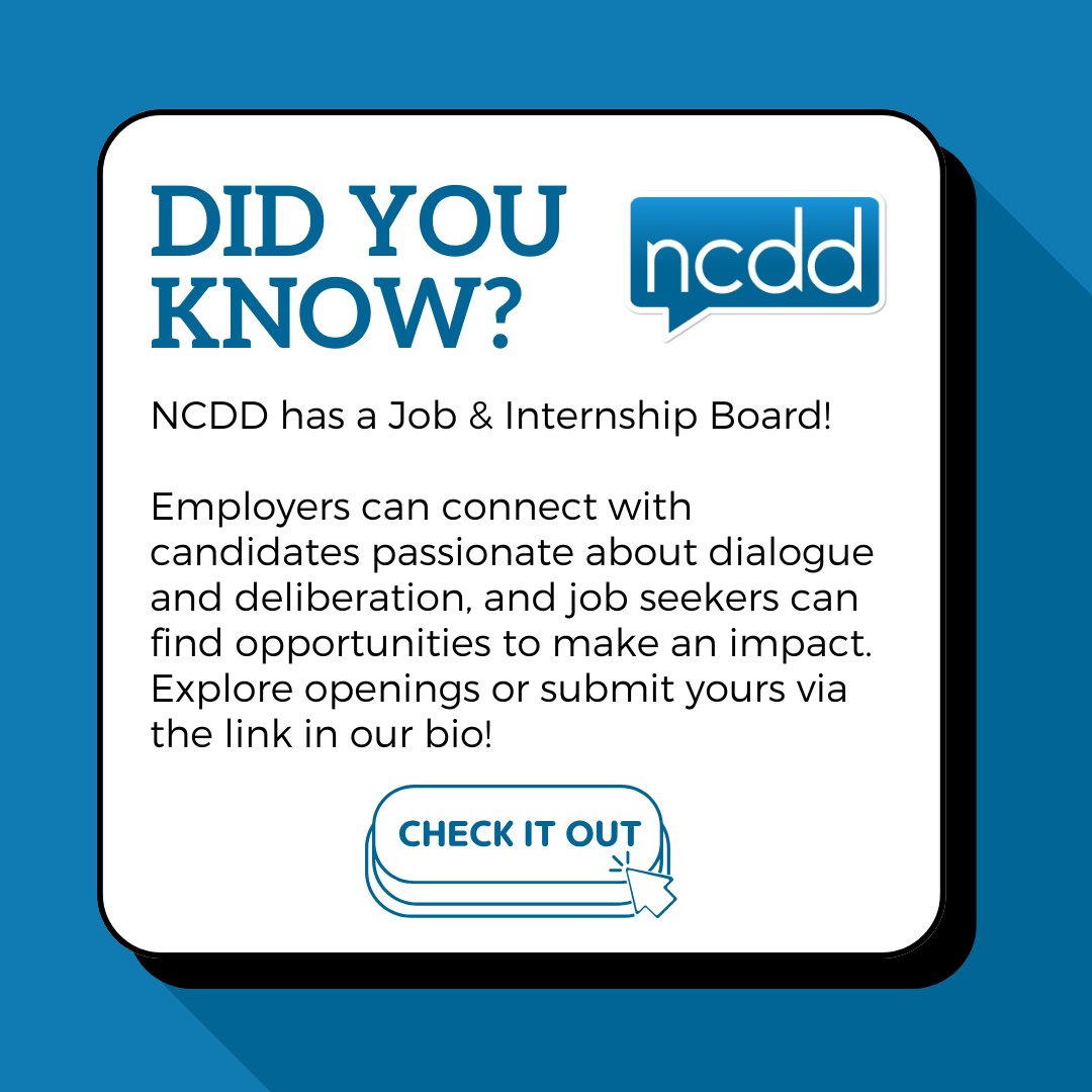 ncdd's tweet photo. Looking for your next opportunity or the perfect candidate? 🌟 Check out NCDD's Job &amp; Internship Board! It's where employers and job seekers passionate about dialogue and deliberation connect. Explore now: https://t.co/WJJjAFPyUU

#NCDD #listenfirst #disagreebetter #demopart https://t.co/6dkLVgKLwJ