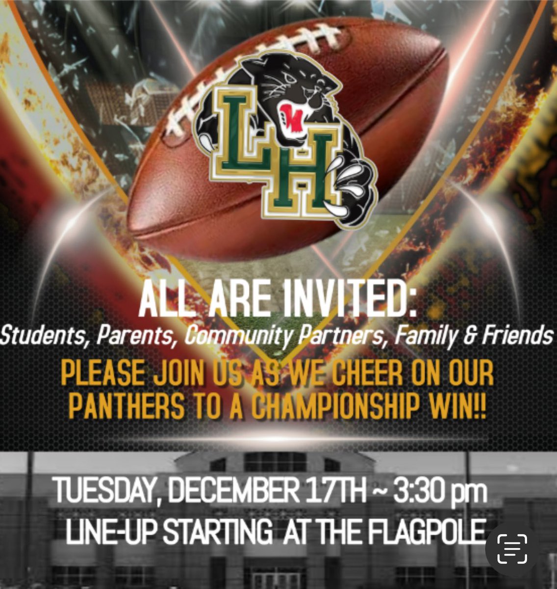 Please join us to send the LHHS Panthers to victory. <a href="/mathspeakslife/">Candi Cottrell</a> <a href="/LHughesSports/">LHHS Athletic Department</a> <a href="/lhhsprincipal/">Octavius Harris Principal</a> @Armstrong_LHHS <a href="/PAYTONLHHS/">Dr. Payton</a>