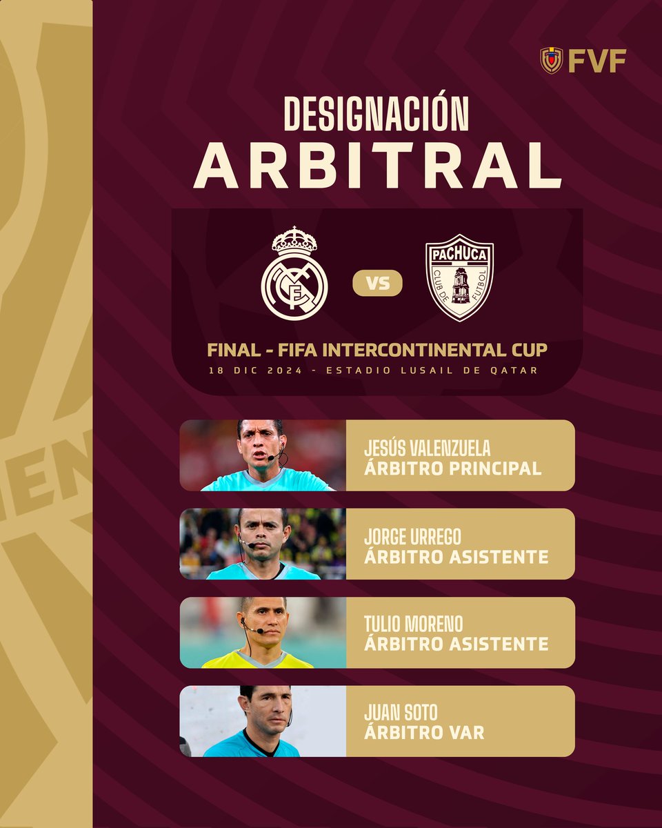 FVF_Oficial's tweet photo. 𝑨𝒓𝒃𝒊𝒕𝒓𝒂𝒋𝒆 𝒗𝒆𝒏𝒆𝒛𝒐𝒍𝒂𝒏𝒐 en la final de la 𝗖𝗼𝗽𝗮 𝗜𝗻𝘁𝗲𝗿𝗰𝗼𝗻𝘁𝗶𝗻𝗲𝗻𝘁𝗮𝗹 𝗱𝗲 𝗹𝗮 𝗙𝗜𝗙𝗔 𝟮𝟬𝟮𝟰 🇻🇪

Jesús Valenzuela, Jorge Urrego, Tulio Moreno y Juan Soto escribirán una nueva página dorada en la historia del arbitraje venezolano al ser los encargados de impartir justicia en el compromiso que define al campeón de la Intercontinental.

🤝 Real Madrid - Pachuca
📆 Miércoles, 18 de diciembre
⌚️ 1:00 PM (VEN)
💻 Transmisión por FIFA+

#Arbitraje