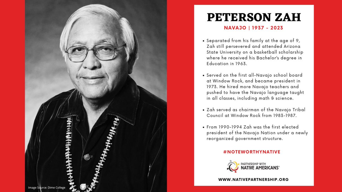PWNA4hope's tweet image. Today's Noteworthy Native is  Zah, a true leader who overcame adversity to lead the Navajo Nation and champion education and language preservation. 🗣️📝

Learn more about his story by checking out our #NoteworthyNative page:
NativePartnership.org/Noteworthy-Nat…
.
.

#PetersonZah #NavajoNation
