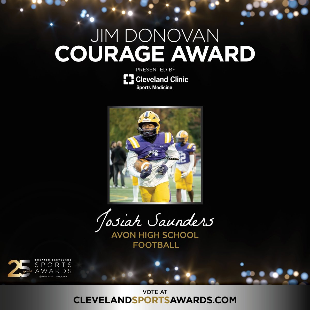 Greater Cleveland Sports Commission (@clesports) on Twitter photo Meet Josiah Saunders, recipient of the Jim Donovan Courage Award presented by <a href="/ClevelandClinic/">Cleveland Clinic</a> Sports Medicine. 🏈
Josiah, a senior cornerback/safety on the Avon High School (<a href="/AvonLocalSch/">Avon Local Schools</a>) football team, defied the odds in recovering from a catastrophic knee injury and Meet Josiah Saunders, recipient of the Jim Donovan Courage Award presented by <a href="/ClevelandClinic/">Cleveland Clinic</a> Sports Medicine. 🏈
Josiah, a senior cornerback/safety on the Avon High School (<a href="/AvonLocalSch/">Avon Local Schools</a>) football team, defied the odds in recovering from a catastrophic knee injury and