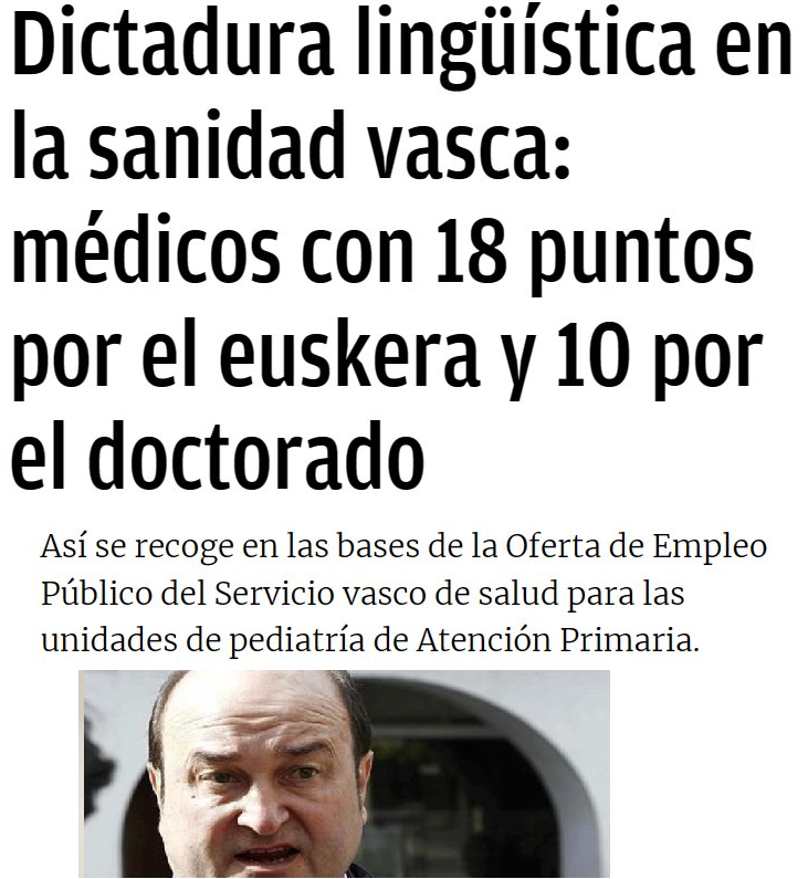 CCivicaCatalana's tweet photo. Para ejercer de médico en la sanidad vasca:  

-Titulado con matrícula de honor, 3 puntos
-Experto/especialista, 5 puntos
-Doctor cum laude, 10 puntos
-Euskera, 18 puntos  

Cuando no se trata de conseguir a los mejores médicos sino de colocar a los amiguetes del terruño. https://t.co/4G1xcph5Ng