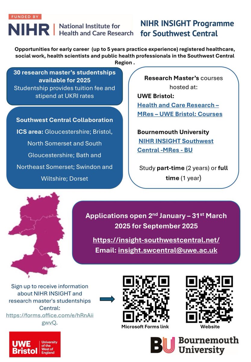 Fully Funded #NIHR #INSIGHT MRes Studentships!

Are you an early career healthcare professional (excluding, doctors &amp; dentists) in the UK (within 5 years of registration/work)?

Applications Open: 2nd Jan – 31st Mar, 2025 for Sept, 2025 entry.

More info: lnkd.in/e7FCrtGj