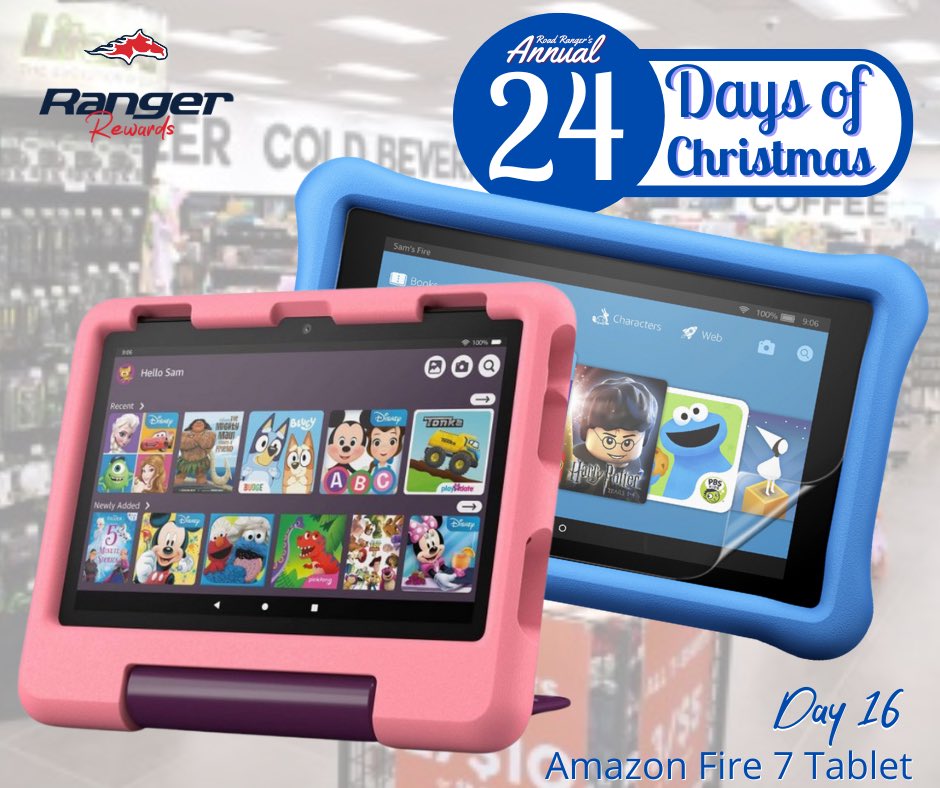 RoadRangerUSA's tweet photo. Last minute Christmas gifts for the kiddos? We’ve got you covered, simply swipe your loyalty card at checkout today and you could be one of the lucky winners to win an Amazon Fire 7 Tablet! #24DaysOfChristmas

How to enter:
- Download Ranger Rewards.
- Register online or in the app.
- Scan your loyalty card at checkout!

OR Enter Online (loyalty ID number required)
https://t.co/Orucx9d14l

Download the app:
https://t.co/ZtL1auihyT