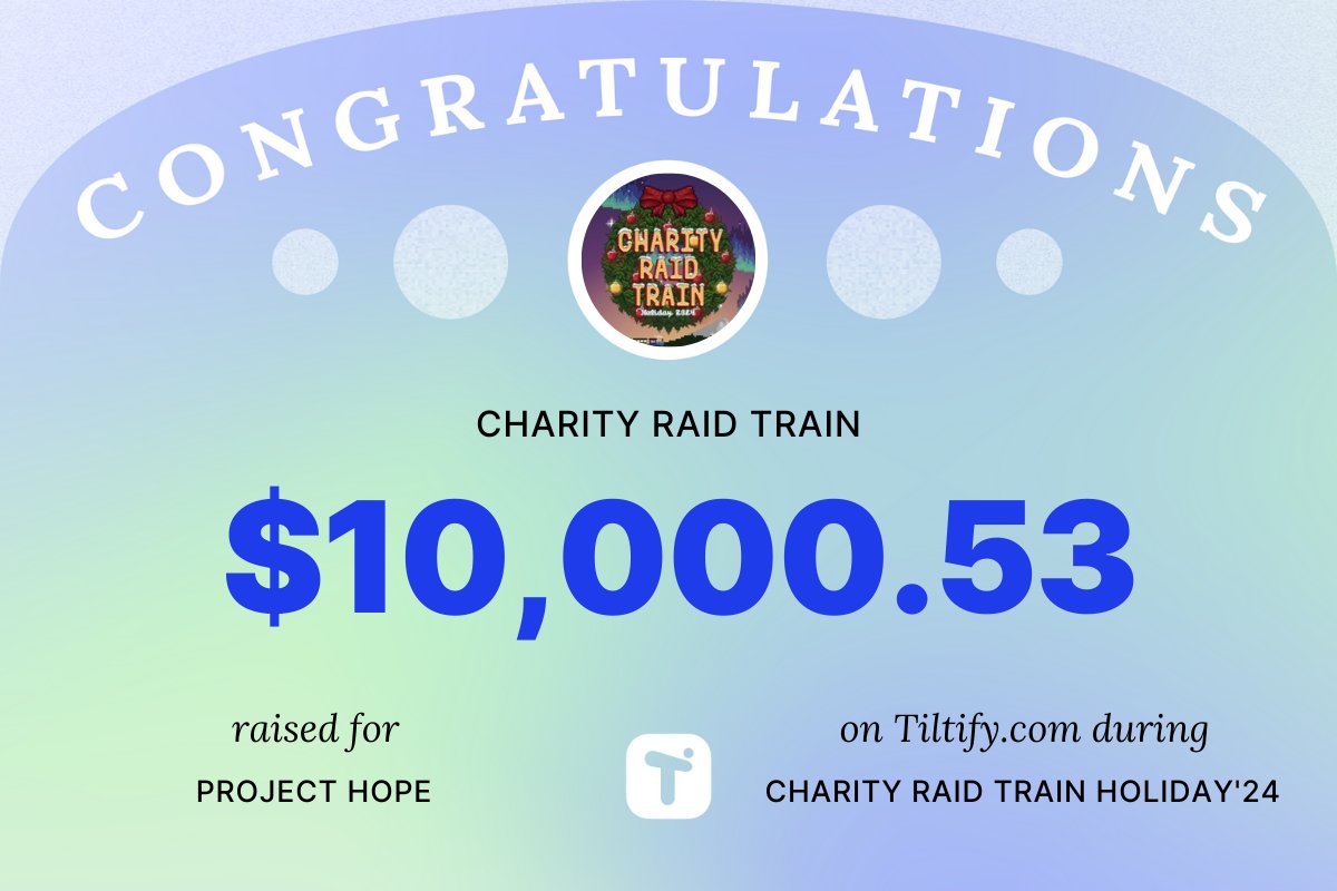 Tiltify (@tiltify) on Twitter photo 🎉 Huge congrats to <a href="/CharityRaid/">Charity Raid Train 👉 Oct 2025</a> for raising an incredible $10,000.53 for <a href="/projecthopeorg/">Project HOPE</a> during their Charity Raid Train Holiday '24 event! 🌟
Check out their amazing campaign and see the impact they’ve made:
👉 tiltify.com/+charity-raid-… 🎉 Huge congrats to <a href="/CharityRaid/">Charity Raid Train 👉 Oct 2025</a> for raising an incredible $10,000.53 for <a href="/projecthopeorg/">Project HOPE</a> during their Charity Raid Train Holiday '24 event! 🌟
Check out their amazing campaign and see the impact they’ve made:
👉 tiltify.com/+charity-raid-…