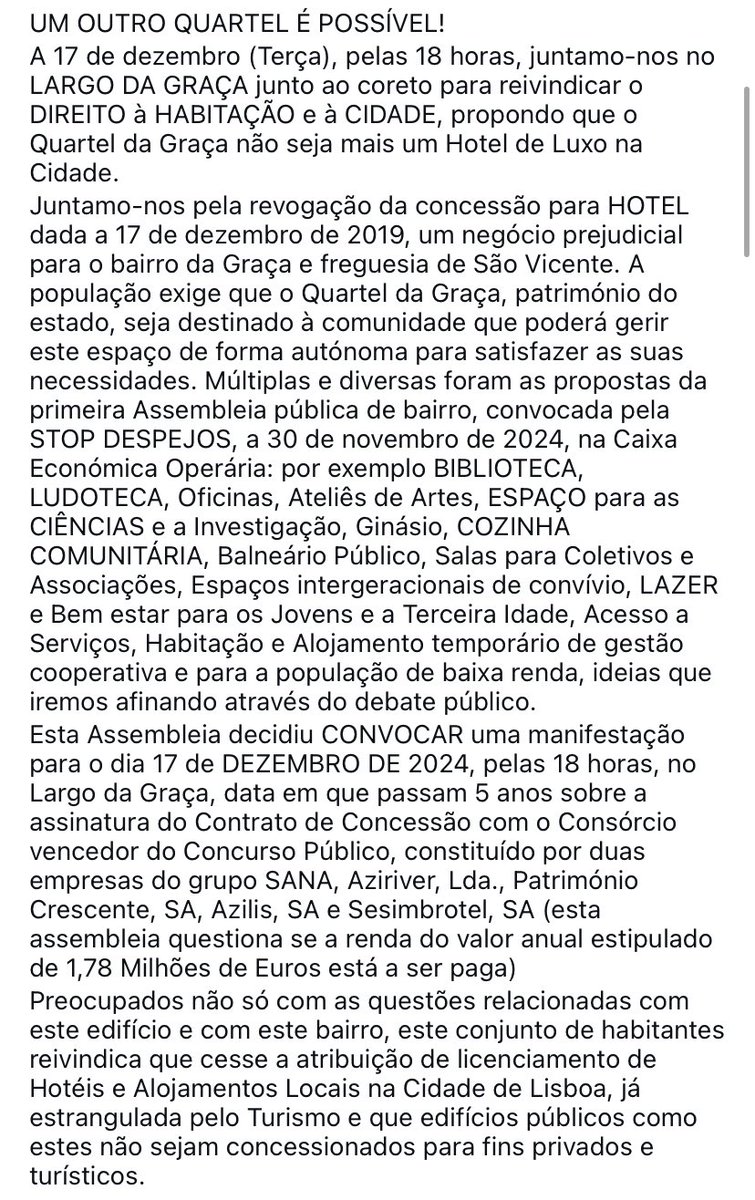 unlib_pt's tweet photo. CONCENTRAÇÃO CONTRA O HOTEL NO QUARTEL DA GRAÇA - UM OUTRO QUARTEL É POSSÍVEL!
A 17 de dezembro, pelas 18h, juntamo-nos no LARGO DA GRAÇA junto ao coreto para reivindicar o DIREITO à HABITAÇÃO e à CIDADE, propondo que o Quartel da Graça não seja mais um Hotel de Luxo na Cidade. https://t.co/5SYF8QC31L