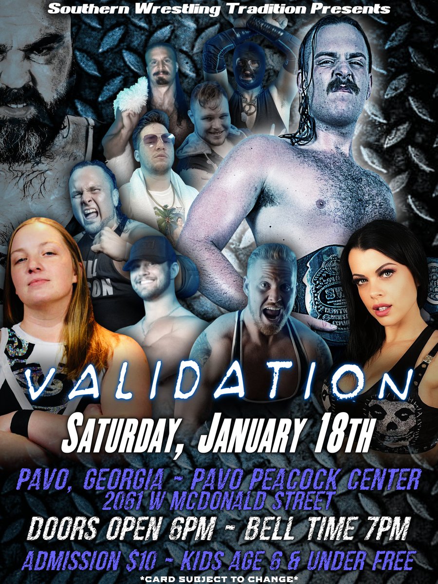 Southern Wrestling Tradition kicks off 2025 as we return to the Pavo Peacock Center in Pavo, Georgia as SWT presents 'Validation 2025' on Saturday, January 18th!

ft. <a href="/NadiaWWrestling/">NadiaWhite_Wrestling</a>, <a href="/daxprowrestler/">Dr. Dax</a>, @dannystratos, <a href="/TheRandyReno/">Randy Reno</a>, <a href="/jackpassion2023/">Jack Passion</a>, <a href="/streetbanditX/">Street Bandit</a> and much more!