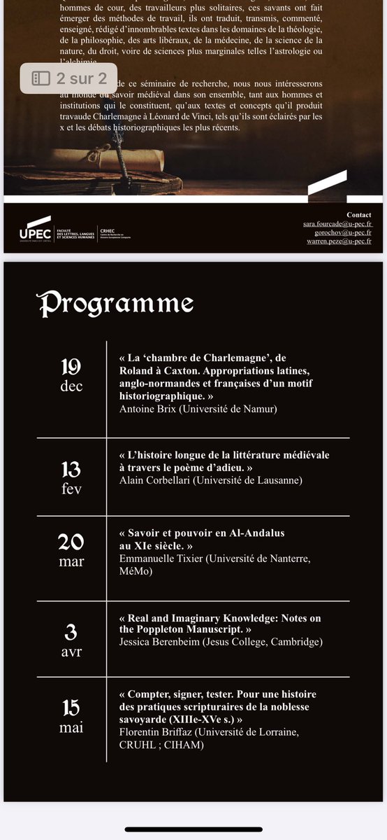 Reprise du séminaire Monde du savoir au Moyen Âge dirigé par Nathalie Gorochov à <a href="/UPECactus/">UPEC</a> (UPEC) : avec une séance ce jeudi 19 décembre sur la chambre de Charlemagne par Antoine Brix