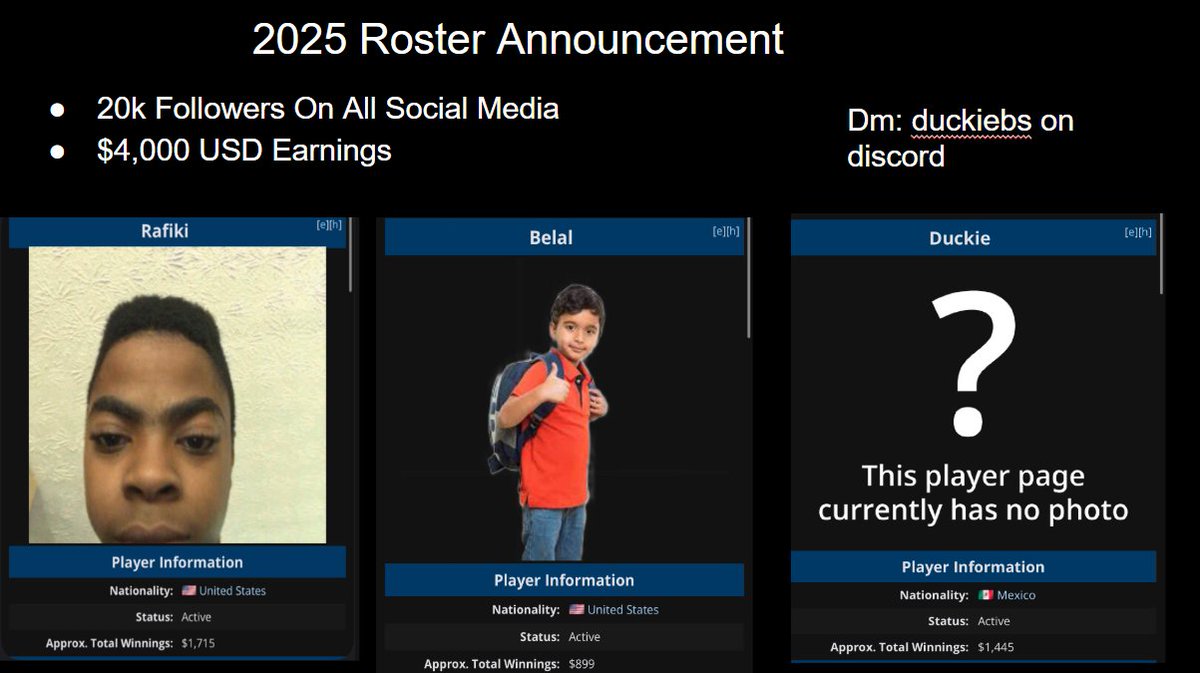 2025 Roster Announcement
<a href="/duckie8492/">duckie</a> , <a href="/RafikiBSC/">rafiki</a> , and <a href="/belallbs/">belal</a> are looking for a roster to represent in <a href="/Brawl_esports/">Brawl Stars Esports</a> BSC 2025 

DM duckiebs on discord for more info.