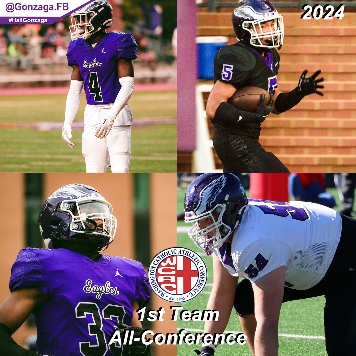 GonzagaTDC's tweet photo. An overdue congratulations to our 19 @WCACSports All-Conference Selections! #HailGonzaga #PurpleIsForever💜🦅🏈
•••
1st Team All-WCAC Defense
#4  Lonnie McAllister III DB – Senior
#5  Kainoa Winston DB/ATH – Senior
#33 Aidan Foster LB – Senior
#54 Rex Stinchcomb DL – Senior https://t.co/cqLQlWX9YC