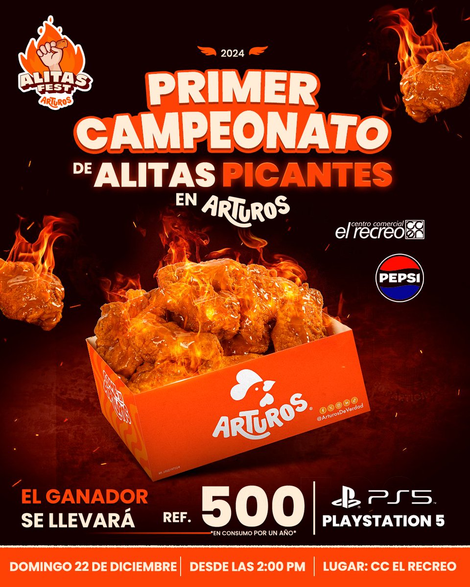 ArturosDeVerdad's tweet photo. 🔥 ¡Atención, amantes del picante! 🔥

¿Tienes lo que se necesita para enfrentarte al Festival de Alitas Picantes? 🌶️🍗 https://t.co/B0Fk9tzADz