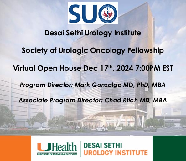 Desai Sethi Urology Institute (@dsui_miami_uro) on Twitter photo Don't forget! Join <a href="/chadritchmd/">Chad Ritch</a> & <a href="/gonzomdphd/">Mark L. Gonzalgo, MD, PhD, MBA</a> tomorrow, 12/17, @ 7pm to learn more about applying for our Society of Urologic Oncology #fellowship?
Join us in our virtual open house for potential applicants here: miami.zoom.us/j/99198037464?⦠Don't forget! Join <a href="/chadritchmd/">Chad Ritch</a> & <a href="/gonzomdphd/">Mark L. Gonzalgo, MD, PhD, MBA</a> tomorrow, 12/17, @ 7pm to learn more about applying for our Society of Urologic Oncology #fellowship?
Join us in our virtual open house for potential applicants here: miami.zoom.us/j/99198037464?ā¦