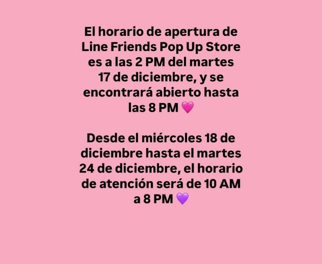 armychilensis's tweet photo. 📍 PLAY LINE FRIENDS Pop Up Store x BT21 en Chile

Horarios confirmados por DG Medios:
📅 Dic 17
⏰️ 2PM a 8PM
📅 Dic 18-24 
⏰️ 10AM a 8PM

Esperamos que CH ARMY que ha seguido la carrera de BTS como grupo y solistas tengan la oportunidad de asistir y comprar los productos https://t.co/cW2xJDuDjx