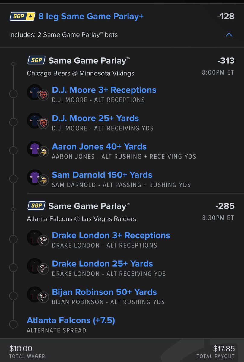 KCFantasyPod's tweet photo. NFL WEEK 15 LADDER CHALLENGE DAY 1🏁👇

FANDUEL SGP MNF

DJ MOORE/DRAKE LONDON 3+ RECEPTIONS AND 25 YARDS

AARON JONES 40+ R+R YARDS

Sam Darnold 150+ P+R YARDS

BIJAN ROBINSON 50+ RUSHING YARDS

FALCONS +7.5 ALT SPREAD

Lets keep climbing📈

#10to10k https://t.co/TyGQfw9z9D