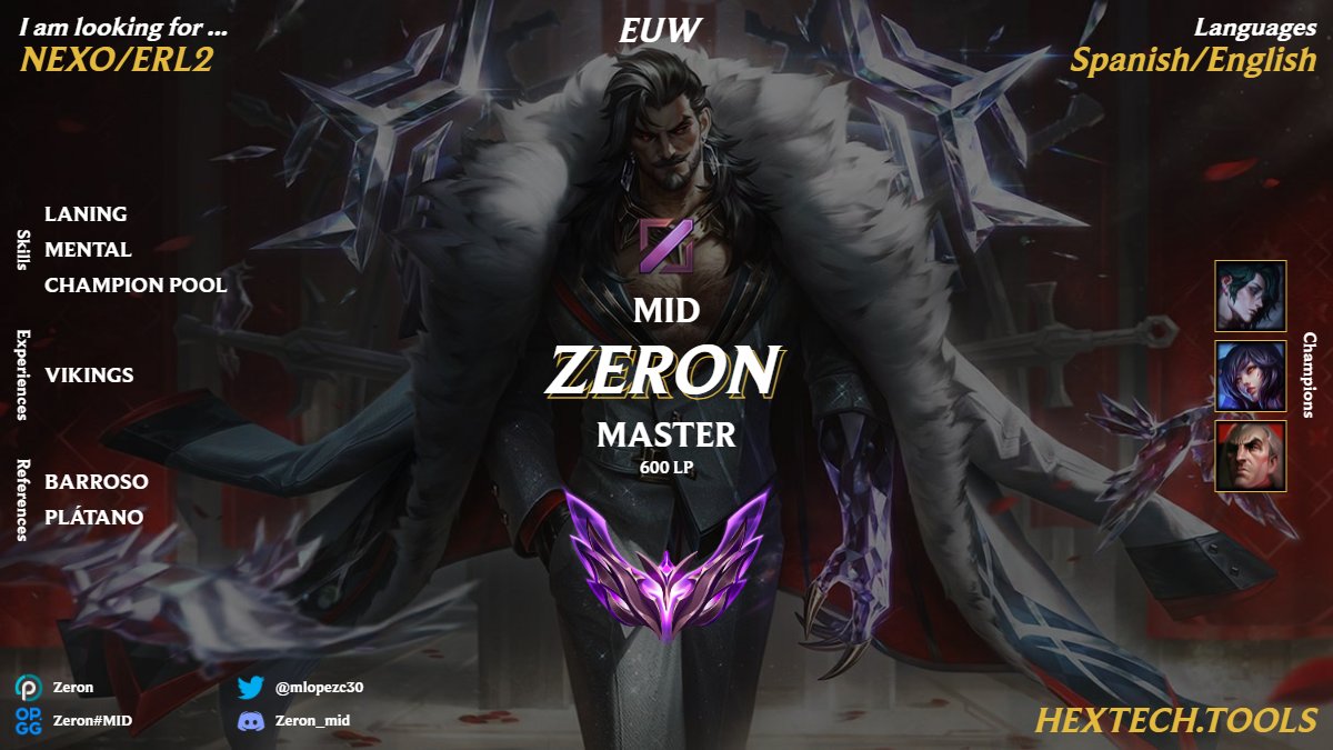 Zeron (@zeronmid) on Twitter photo Despues de esta Gamergy con <a href="/ValkiriasVKS/">Valkiria's Vikings</a> y de las relegations me pongo LFT para Nexo/ERL2. Preferiblemente contactar por discord.
MDs open, VODs disponibles.
Se agradecen RTs y likes. Despues de esta Gamergy con <a href="/ValkiriasVKS/">Valkiria's Vikings</a> y de las relegations me pongo LFT para Nexo/ERL2. Preferiblemente contactar por discord.
MDs open, VODs disponibles.
Se agradecen RTs y likes.