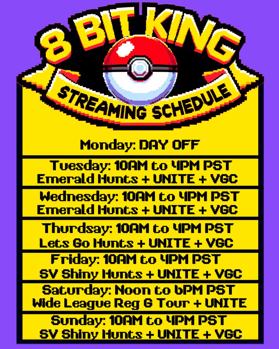 8BitKingGaming's tweet photo. FINALLY BACK!!!!  Been busy as heck working on #CodeName8Bit which is in the final testing phase now!  So back to streaming tomorrow!  Doing Emerald Shiny Hunts Tuesday/Wednesday, a Lets Go Shiny Hunt on Thursday, SV Shiny Hunts Friday and Sunday and the Wide League Charity VGC Reg G Tour Saturday(choosing between Mewtwo and Lugia)!  Plus #PokemonUNITE and VGC daily too! Should be fun week! Find the streams at,

https://t.co/5wchuKzheh
https://t.co/TLFnW6Lmn9