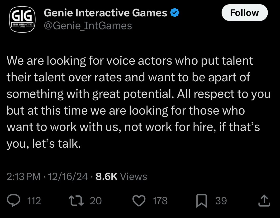 And here, folks, is what we call a work trap. Notice the grammar issues of “put talent their talent” and the self-serving “work with US not work for hire” wording that makes them personable.

Anyway, if you don’t wanna pay actors just be straight about it. Don’t be a pussy.