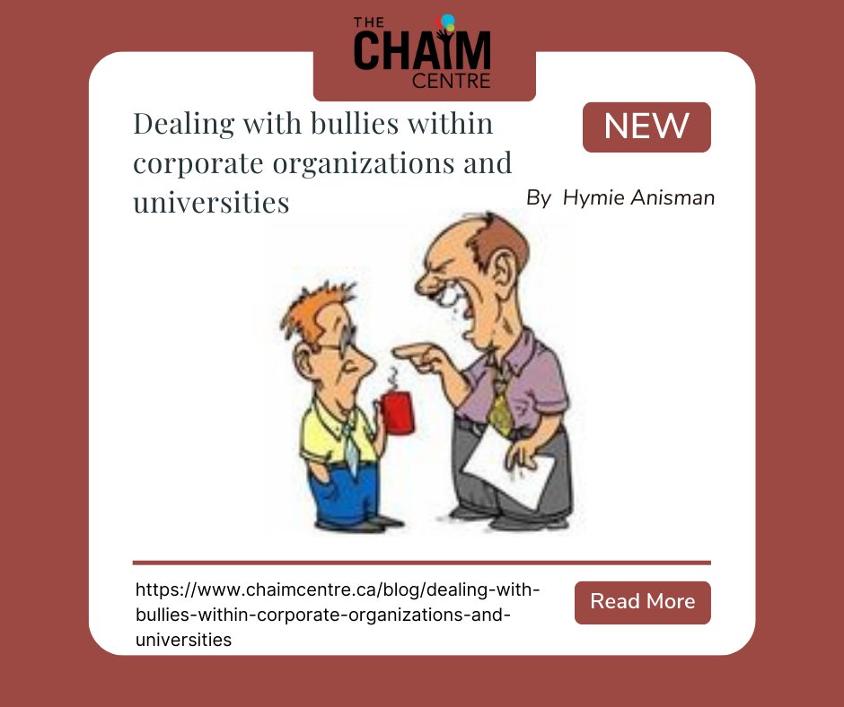 CHAIM_Centre's tweet photo. Check out our latest blog post on workplace bullying  by @Hymie_Anisman. Click the link below to read more!
https://t.co/OeMkYn2rlm

#WorkplaceBullying #WorkplaceCulture #HealthyWorkplace https://t.co/rweAO6OEqy
