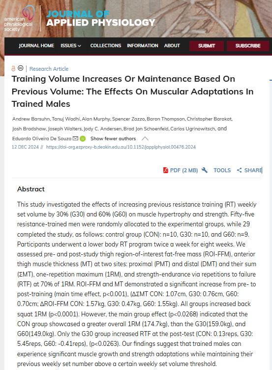 jacksonfyfe's tweet photo. Resistance training volume - is more always better?

New data shows resistance trained lifters who maintained a moderate set volume (~12 weekly sets per muscle group) had similar muscle growth to those who increased training volume by either 30% or 60% over 8 weeks.

Changes in maximum (1-RM) strength were also greater in those who maintained volume compared to those who increased.

These data suggest higher training doses aren’t always necessary for strength and muscle size gains - providing effort is high (0-2 reps in reserve per set).

https://t.co/NdIPOTcdlI
