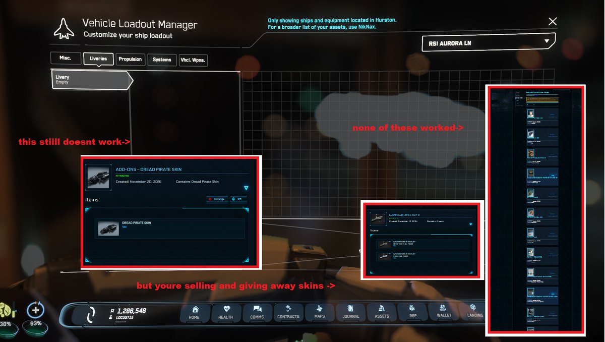 IcarusRyan's tweet photo. @RobertsSpaceInd @RSICommlink #Day3 
im gonna post this every day until you fix this #StarCitizen #Salesforce #bugfixes #luminalia #skins #Aurora #DreadSkin #soloplayer #StillNotFixedyou give me skins to a ship i dont even have, without fixing the skins i paid for https://t.co/0OSSggQQxS