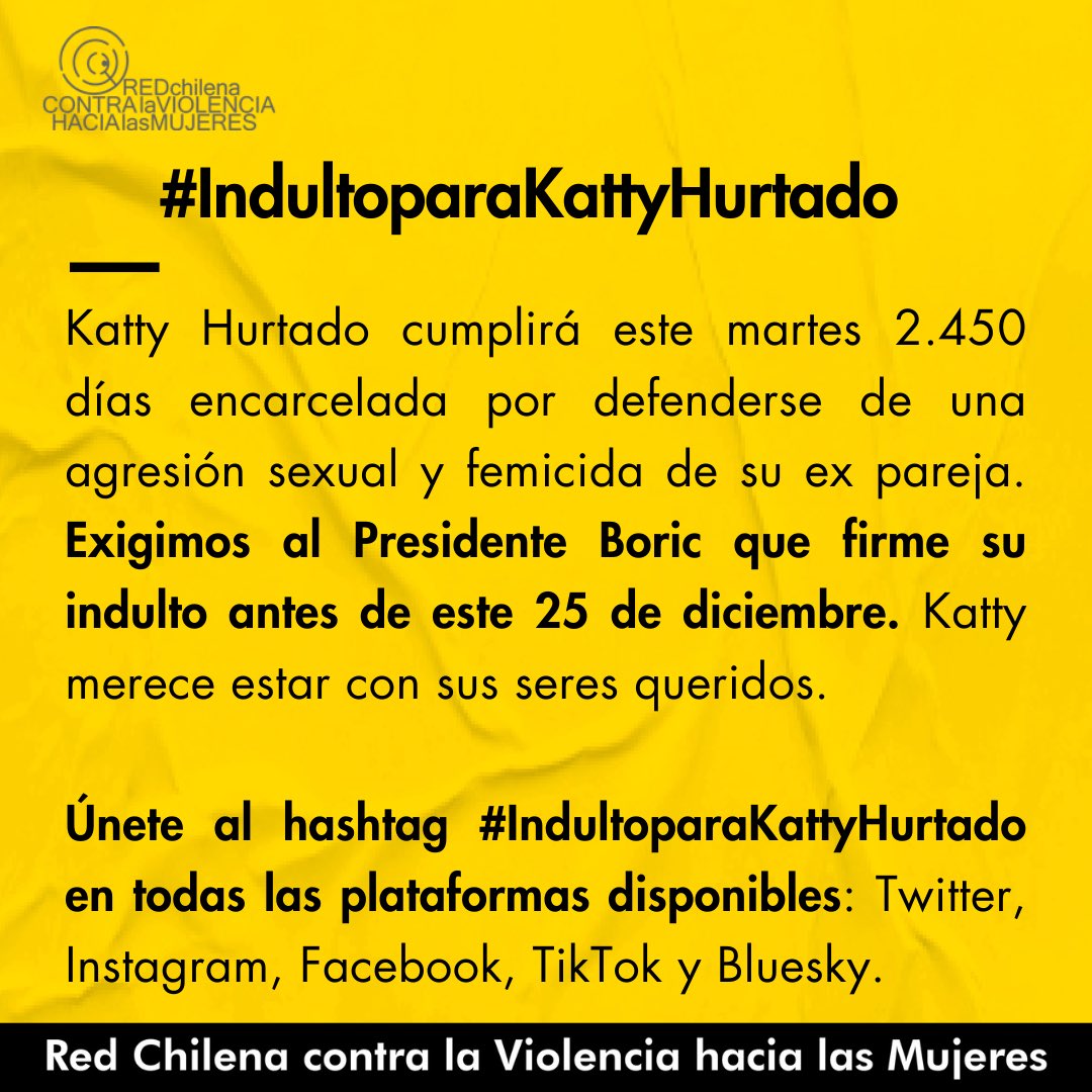 📣 ESTE MARTES 17 DE DICIEMBRE TUITAZO por el #IndultoparaKattyHurtado DESDE LAS 08:30 h

Katty Hurtado cumplirá 2.450 días encarcelada por defenderse de una agresión sexual y femicida de su ex pareja. Exigimos a @gabrielboric que firme su indulto YA. <a href="/jgajardofalcon/">Jaime Gajardo Falcón</a>