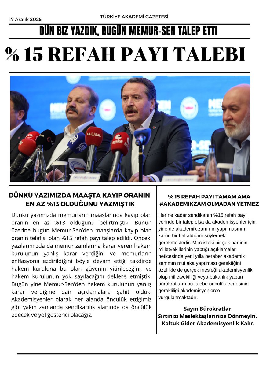 Maaş kaybındaki %15 Refah Payı ✅
Hakem Kurulunun Yanlış Kararları ✅
Daha önce bunları biz belirttik, bugün #MemurSen talep etti. Öncü olmaya devam ✊

Bürokratlar Meslektaşlarınıza Sırtınızı Dönmeyin
Koltuk Gider Akademisyenlik Kalır

#akademikzam 
<a href="/_cevdetyilmaz/">Cevdet Yılmaz</a> 
<a href="/isikhanvedat/">Prof. Dr. Vedat Işıkhan</a>