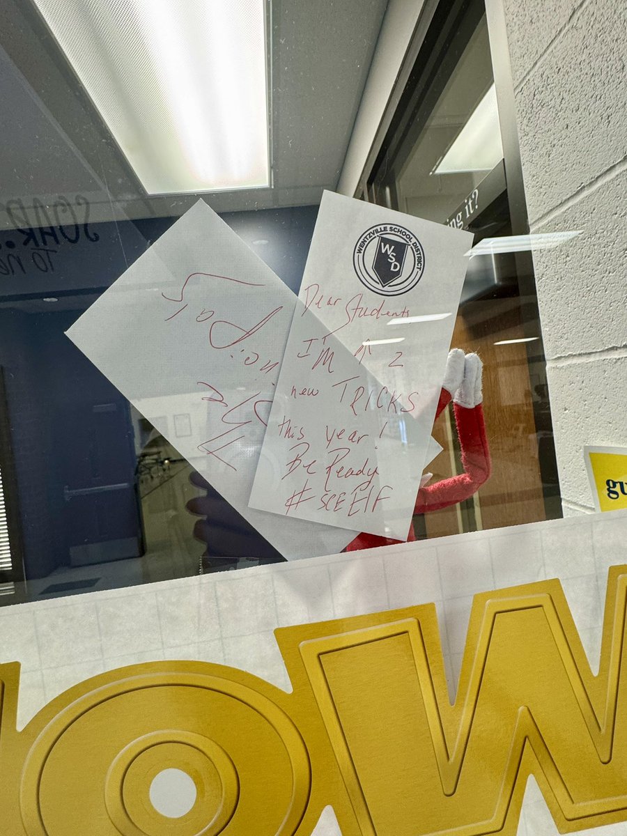 SCE_Principals's tweet photo. The #SCEElf returned and left the principals a note. Students told us to not touch our elf but to read the note. Oh no! The SCE Elf is up to new tricks this year. #scesoars https://t.co/qbeA2etU9o