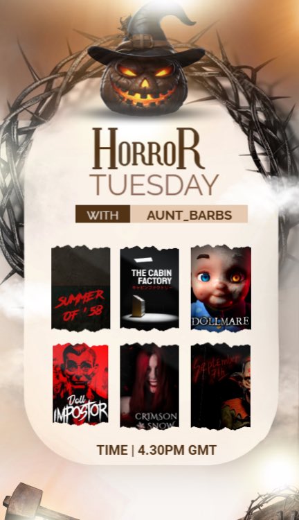 💀 Horror Tuesday With Aunt_Barbs 💀

💜 My Lovely Community Have Bought Me Some Horror Games To Play On Stream 👀 

Here Is The Line Up Of What We Will Be Playing 

Interested In Watching Me Scream… ALOT 
Then I Will Be Live From 4.30pm GMT 
And Dixper Will Be Activated 💀