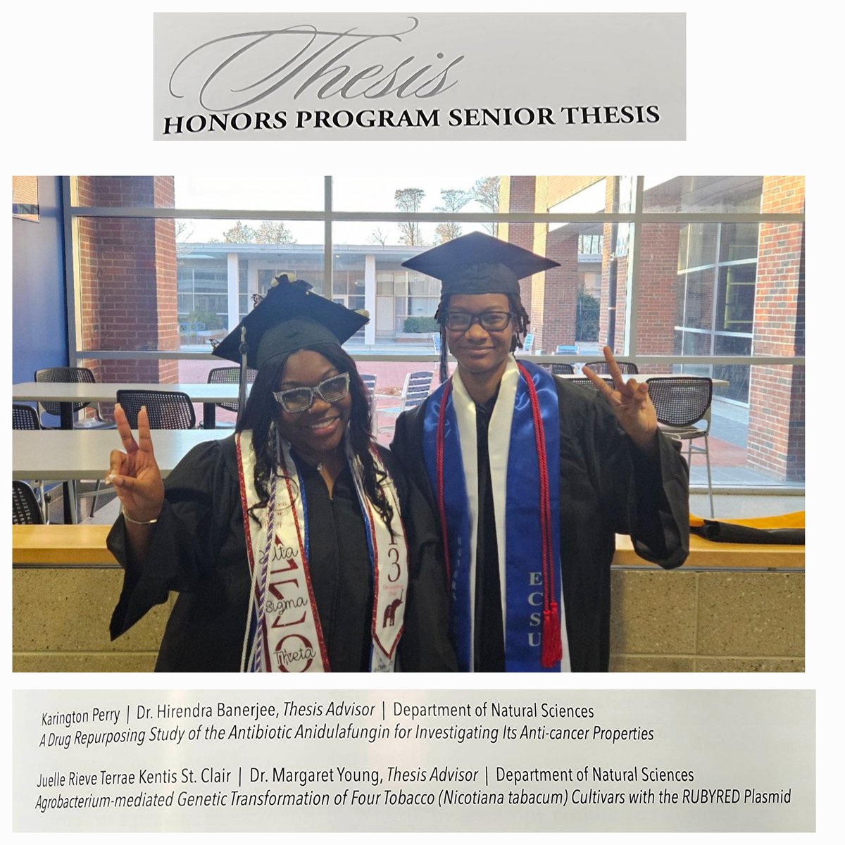 NS_ECSU's tweet photo. Congrats 💐 to our Fall 2024 graduates 🎓 in Biology (BS and MS) and Sustainability Studies (BS) 🧪🧫🧬🐁🪴.  You persevered, and the world 🌎 is yours.  Special 👏 to Karington and Juelle for completing  their Undergrad Senior Honors Theses. #VikingPride💙 #ECSUVikingsScience https://t.co/KGVYlfvFJ0