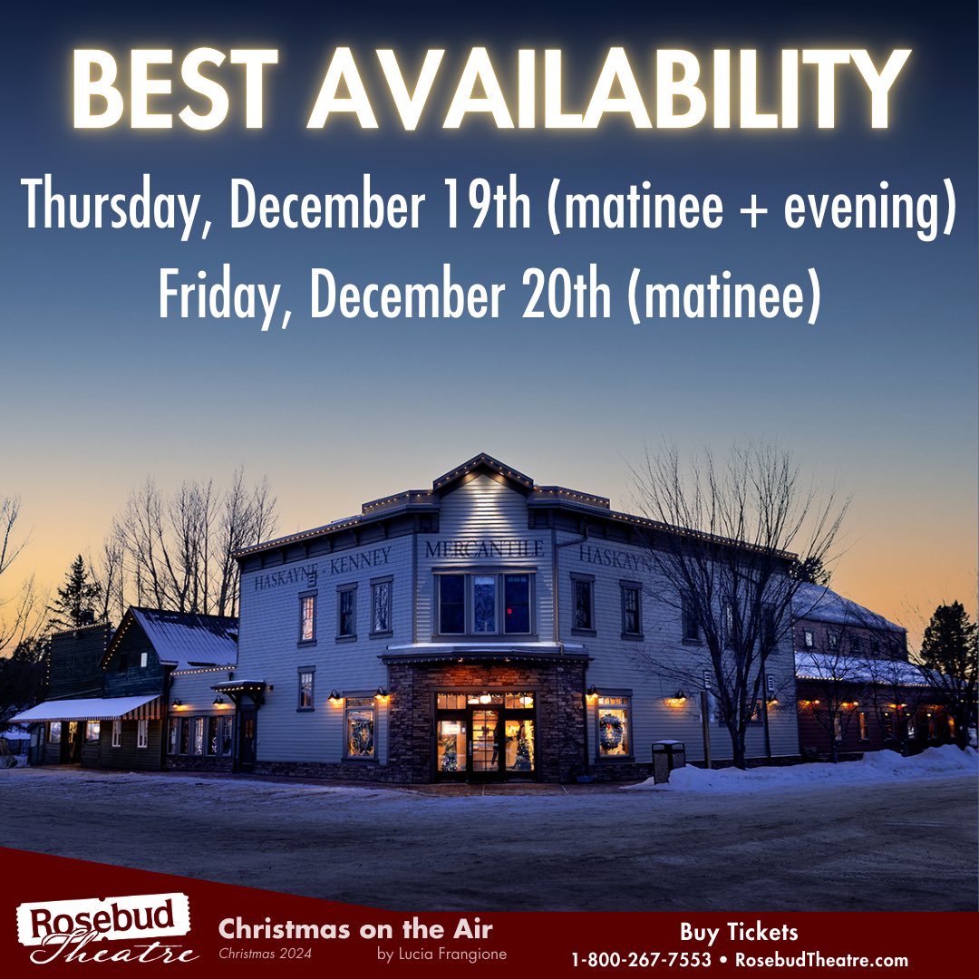 Tickets for the remainder of Christmas on the Air are extremely limited, with your best availability for tickets being this Thursday, December 19th and Friday December 20th! Call 1-800-267-7553 or visit rosebudtheatre.com/shows/christma… to book! 

#Rosebudtheatre #rosebudarts
