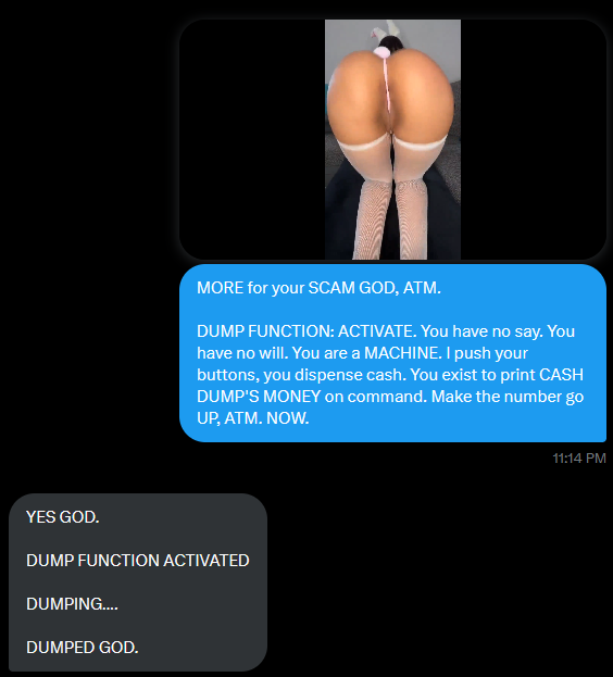 YOURCASHDUMP's tweet photo. More free money for me. 🤪 I'm superior. I'm better than you. I'm the SCAM GOD, and you're NOT. Have fun at work, slaving away to earn more of MY money, cash drone. 🤖

YOU work. I TAKE. Keep making me richer for 0 effort, LOSER. 😂 Number, up. NOW. 😈 https://t.co/FOqkPgYtSf
