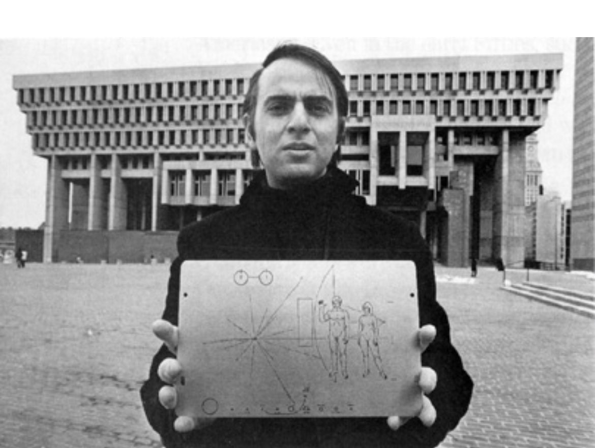 BookLockdown's tweet photo. @TomDohertyfilm Carl Sagan thought it a suitable background when he introduced the Pioneer 10 plaque in 1972. (Boston City Hall was considered futuristic back then.) https://t.co/rpksyfzk6W