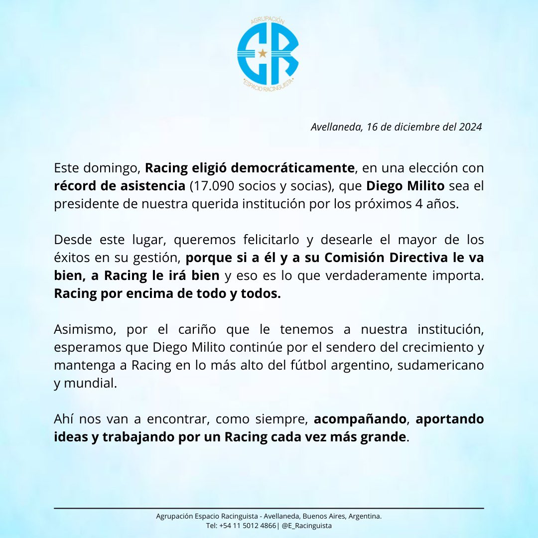 ✍️🗳️ DIEGO MILITO, NUEVO PRESIDENTE DE RACING.

Queremos felicitarlo y desearle el mayor de los éxitos, porque si a él y a su CD le va bien, a Racing le irá bien.

Ahí nos van a encontrar, como siempre, acompañando, aportando ideas y trabajando por un Racing cada vez más grande.