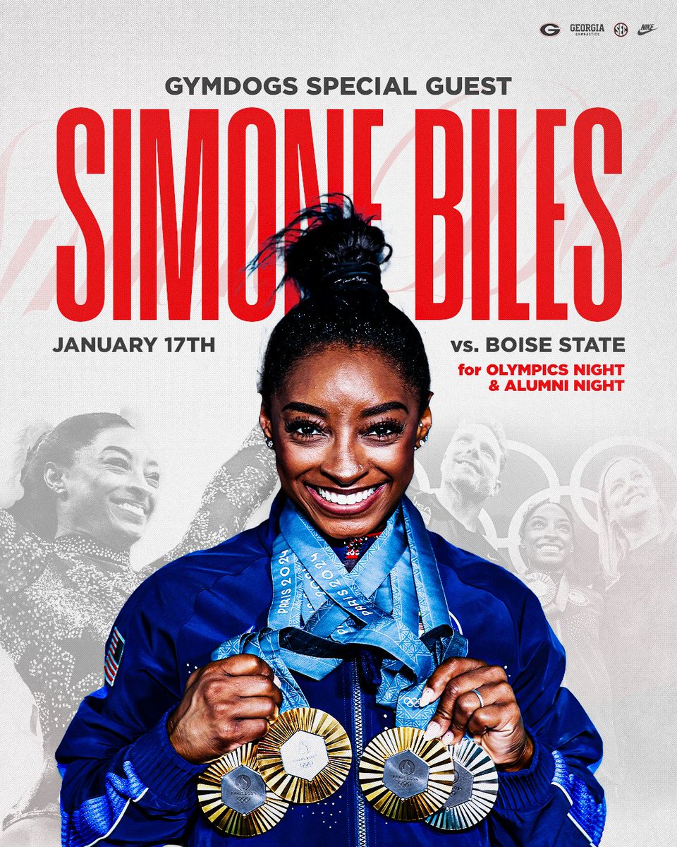 UGAGymnastics's tweet photo. We are super excited to announce that special guest Simone Biles will be attending the Gymdogs’ first home meet of the season!✨ Join us as we honor our Olympians and alumni on Jan. 17!

Buy single-meet tickets here: https://t.co/4wwX05yJKw

#GoDawgs | #GloryGlory https://t.co/1wOwobbz1X