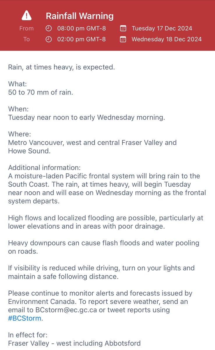 RyanVoutilainen's tweet image. #RainfallWarning for Metro #Vancouver, #HoweSound, #FraserValley (W &amp;amp; central inclg Abbotsford &amp;amp; Chilliwack)

50-70mm xptd Tue PM-Wed AM as an atmospheric river passes thru the region

High Streamflow Advisory in effect for local rivers &amp;amp; creeks.

#BCstorm #BCstormwatch #BCwx
