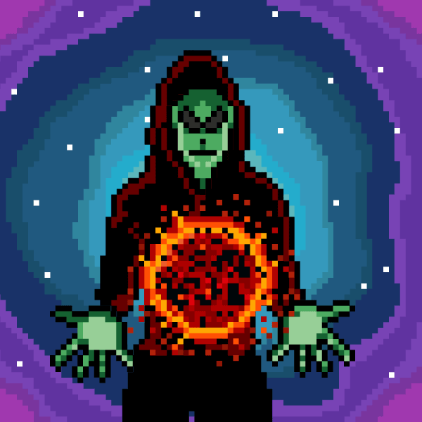 This pixel art features a figure from <a href="/Starbreeder_DAO/">STARBREEDERS ⚫️</a>, a cosmic being manifesting the limitless energy of a burning star's core. With power fused in darkness, it controls the balance between destruction and creation in the digital realm👽👽