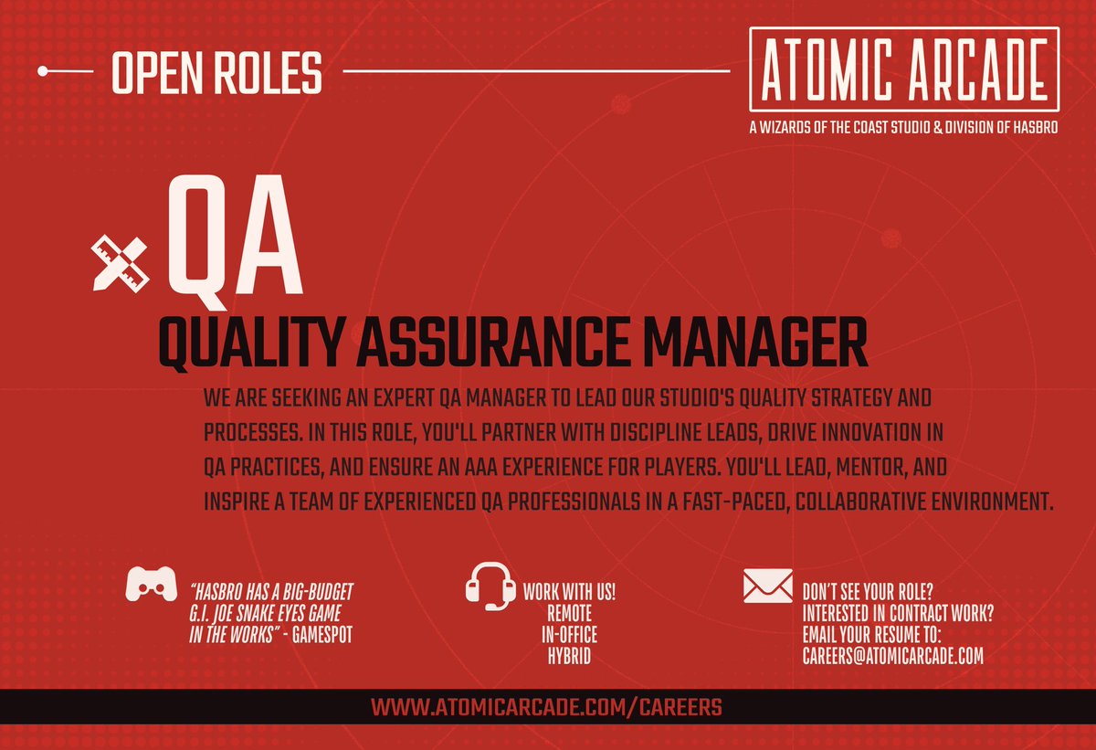 AtomicArcadeStu's tweet image. We have great new opening on our AAA GI Joe Snakes Eyes team for a QA Manager! Learn more here lnkd.in/gckyXYHj