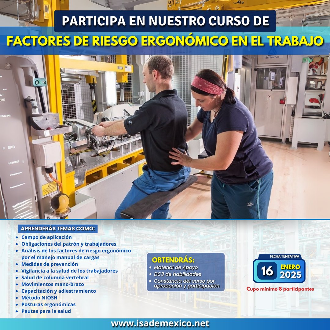 ISAdeMx's tweet photo. ¿Quieres reducir el riesgo de lesiones musculoesqueléticas y aumentar la eficiencia en el trabajo? ¡Entonces este curso es para ti! 😀💪
#ergonomía #riesgoergonomico #cursoergonomia #ergonomialaboral #postura #oficina #NOMSTPS https://t.co/d8IMSvxVBr