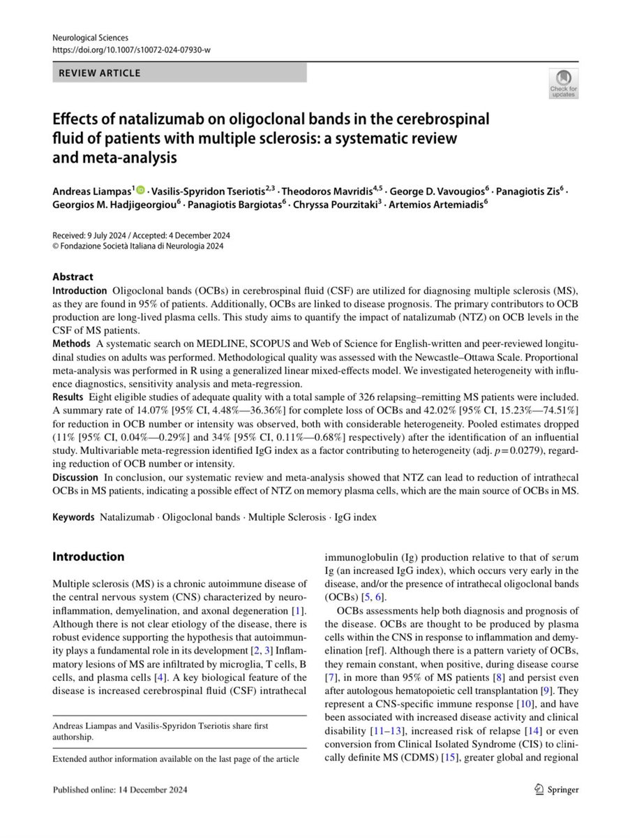 v_tseriotis's tweet photo. 📊 Delighted to share first authorship in our recent in our meta-analysis!
@TheodorosMavri2 

👉 Click here to make OCBs disappear: https://t.co/EDiKohlPvx

#natalizumab #oligoclonal_bands #MultipleSclerosis #efficacy #high_efficacy_treatment #disease_modifying_drugs https://t.co/r0NjXpd0pi