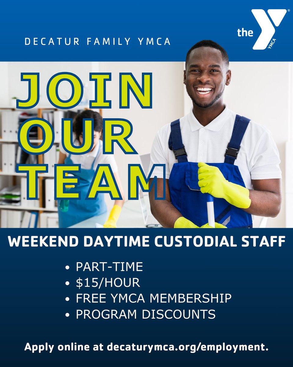 DecaturYmca's tweet image. 🚨 We're Hiring! 🚨
Decatur Family YMCA is looking for Weekend Daytime Custodial Staff!

💰 $15/hour
🏋️ Free YMCA membership
🎉 Discounts on programs

Join our team and be part of a community that makes a difference! Apply today at decaturymca.org/employment! 🌟