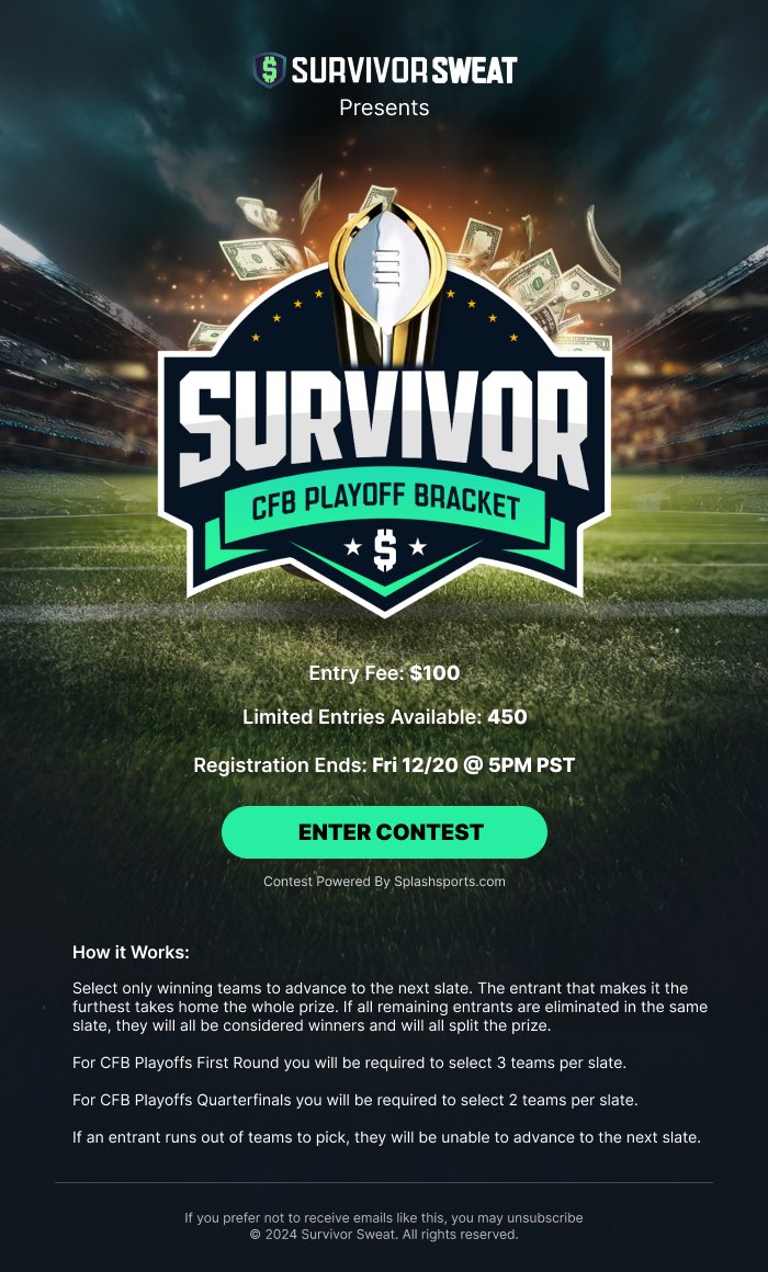 SurvivorSweat's tweet photo. 🏈 Enter our College Football Playoff Survivor contest today! 

✅ $100 entry
✅ 12/20 deadline when prize pool is announced 

ENTER NOW: https://t.co/I4en9YsNt1 https://t.co/wpvevHJFgN