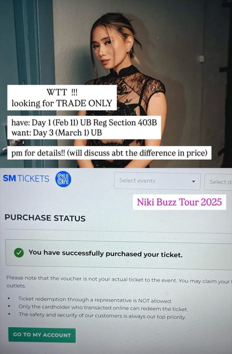 hmchwe's tweet photo. Hi! Helping a friend!

WTT‼️‼️ NIKI Buzz World Tour
Looking for TRADE ONLY

Have: Day 1 (Feb 11) UB Reg Section 403B 
Want: Day 3 (March 1) UB

pm me for details! (Will discuss abt the difference in price)

Davao location preferably https://t.co/Y86E8SArZJ