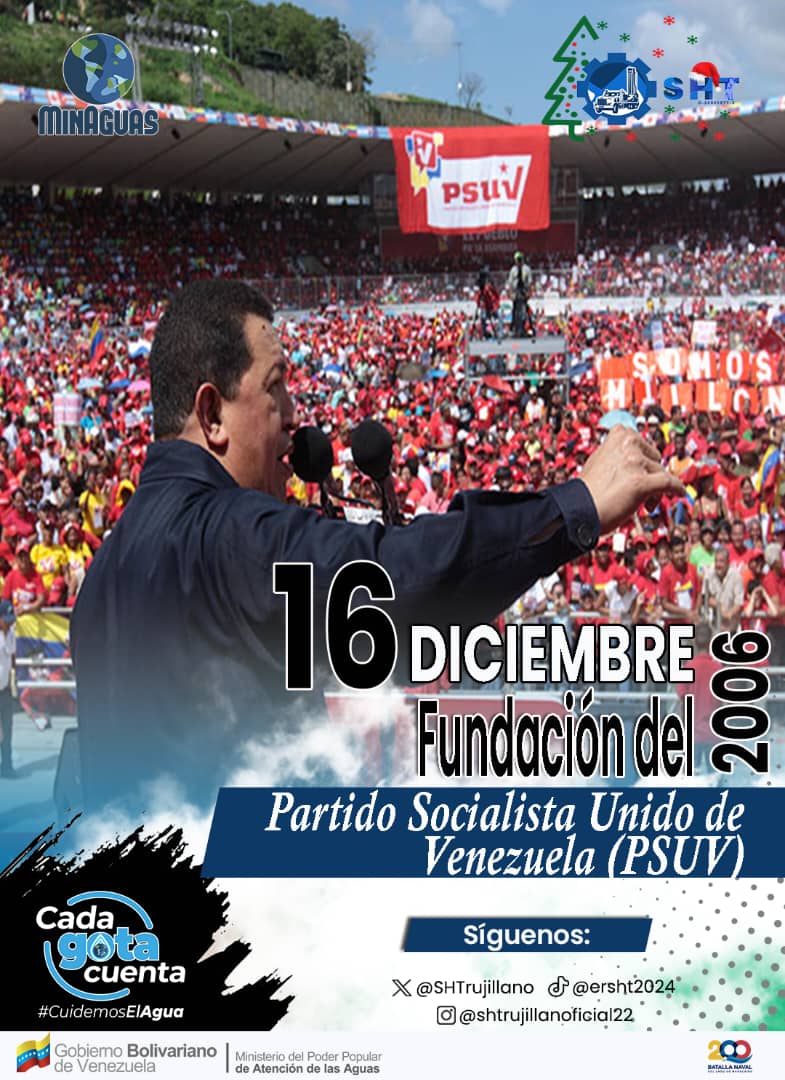 #16Diciembre 
#Efeméride 

El 16 de Diciembre del año 2006, el Comandante Chávez fundó el PSUV con el propósito de agrupar a las organizaciones políticas que apoyan al Gobierno Revolucionario y hoy en día, se mantiene vigente y fortalecido en el valor del Pueblo 

#MinAguas