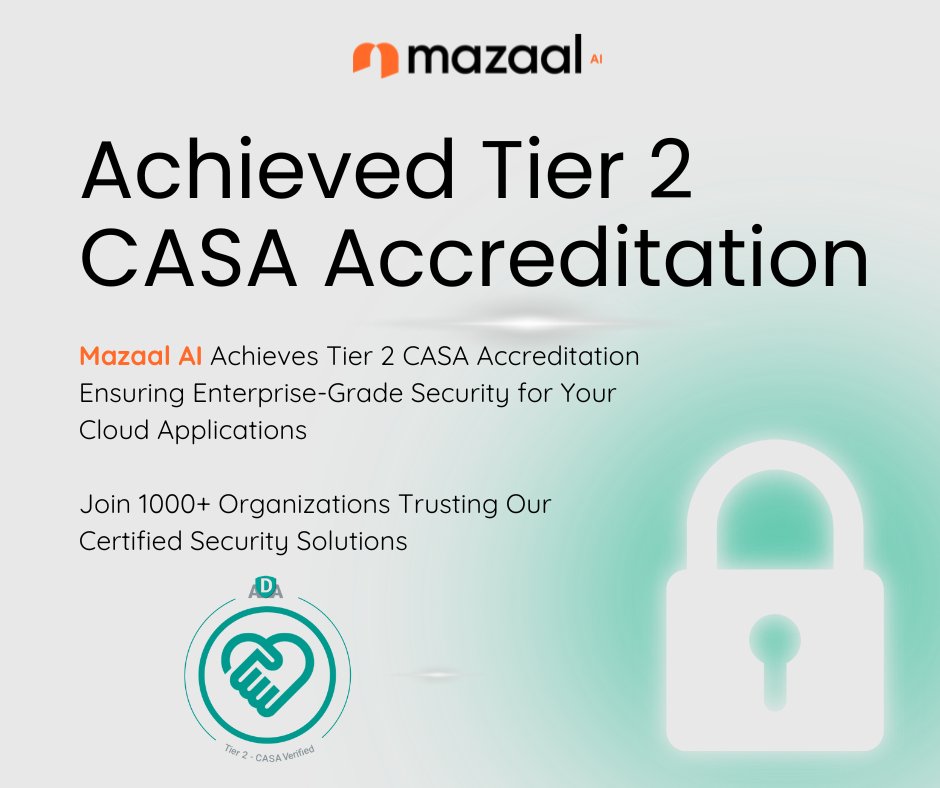 Mazaal_AI's tweet photo. Mazaal AI is proud to announce our latest achievement in cloud security. We have successfully obtained Tier 2 CASA (Cloud Application Security Assessment) Accreditation, demonstrating our commitment to providing secure and reliable AI solutions. https://t.co/0gi5cozcZw